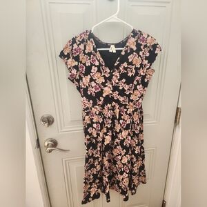 Pact Fit and Flare Wrap Black Dress with Pink and Cream Floral Design Cotton - S